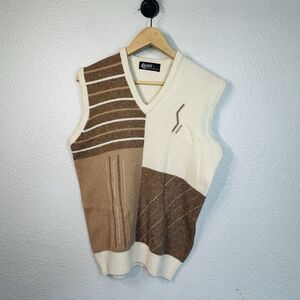 VTG Leeds 100% Lambswool Vest Pullover Beige Brown 90s Work Office Men 40 Medium